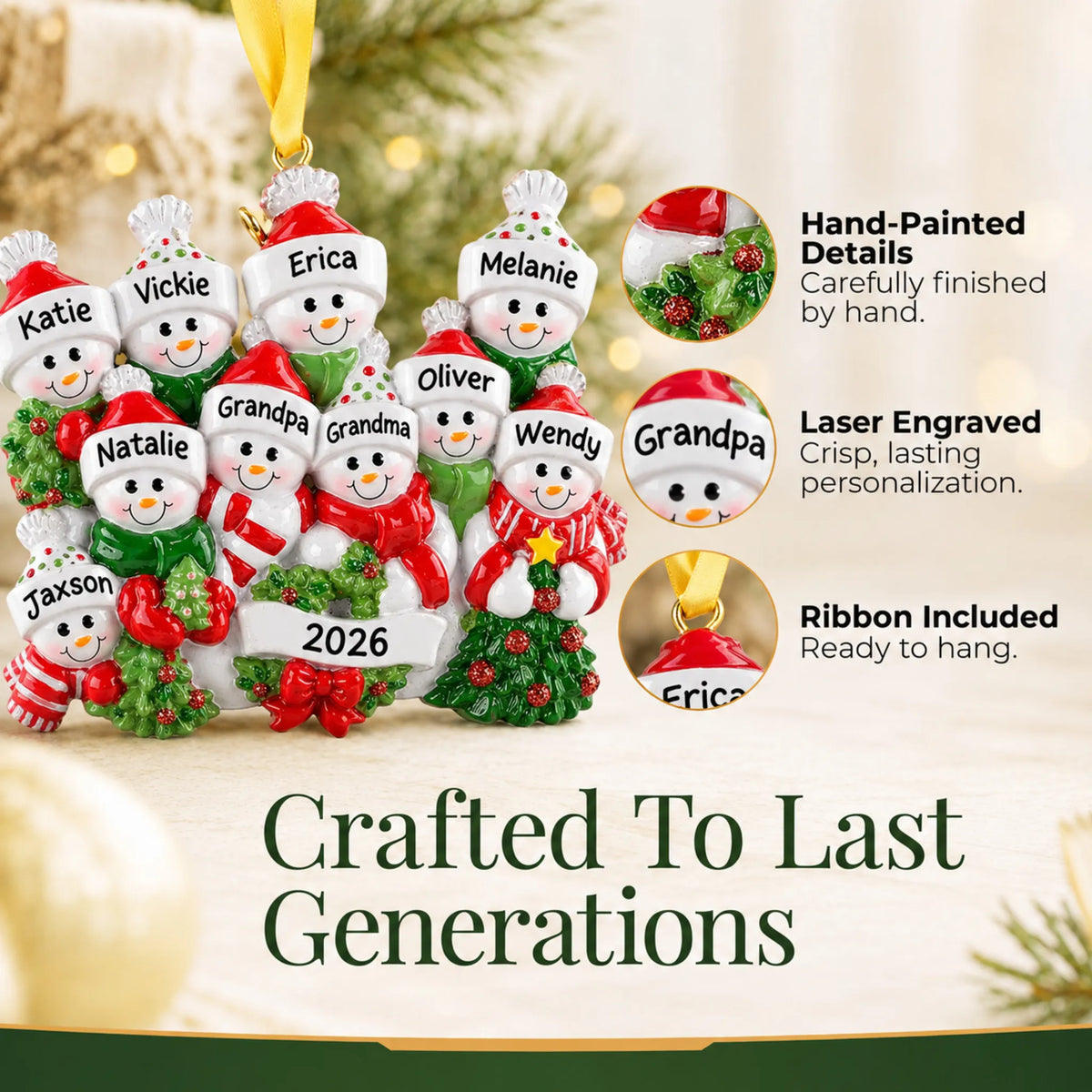 Hand-painted details and laser engraved personalization on the snowman family of 11 christmas ornament, ribbon included