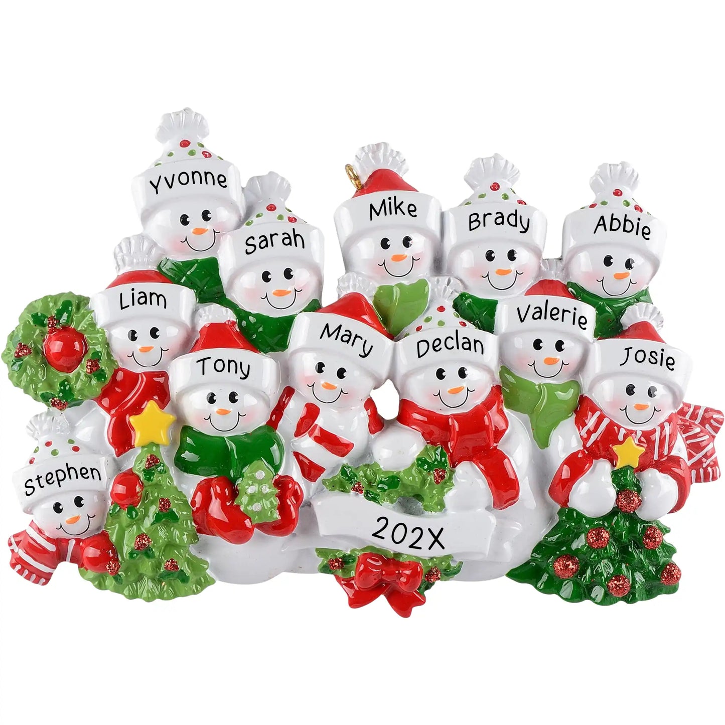 Personalized Christmas ornament featuring a large group of twelve snowmen decorated with red and green scarves and hats, holding miniature trees and garland, ready for custom name engraving.