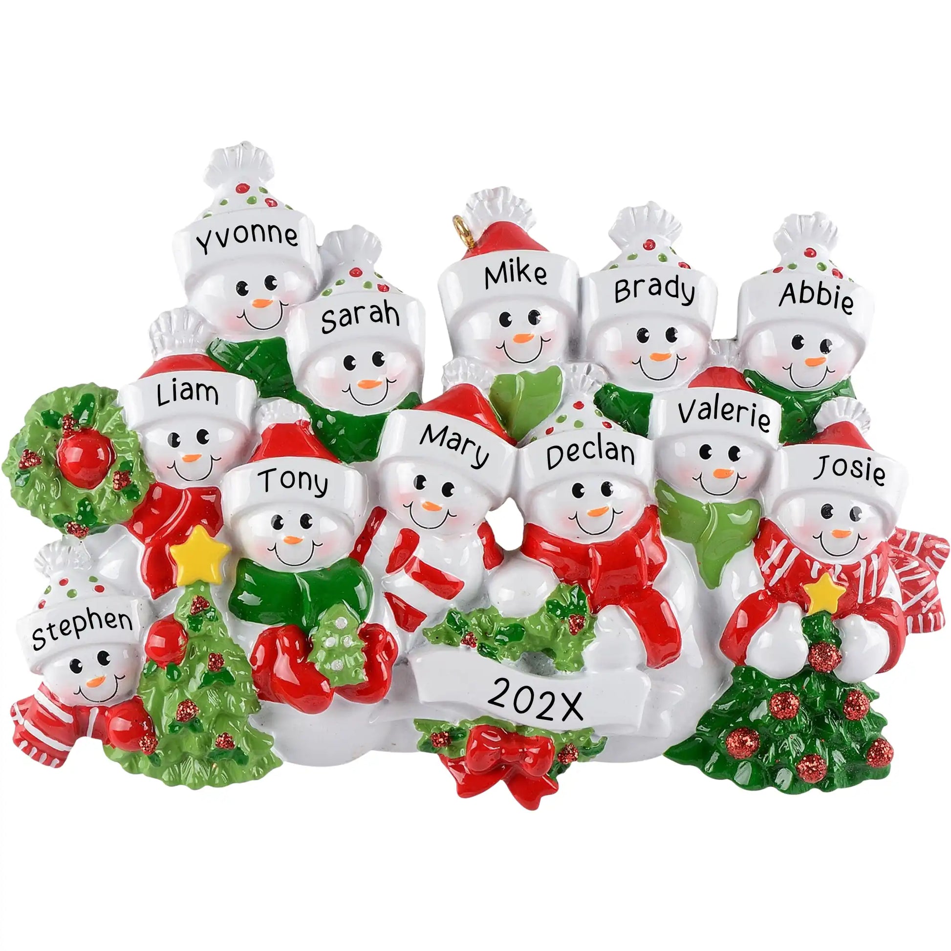 Personalized Christmas ornament featuring a large group of twelve snowmen decorated with red and green scarves and hats, holding miniature trees and garland, ready for custom name engraving.