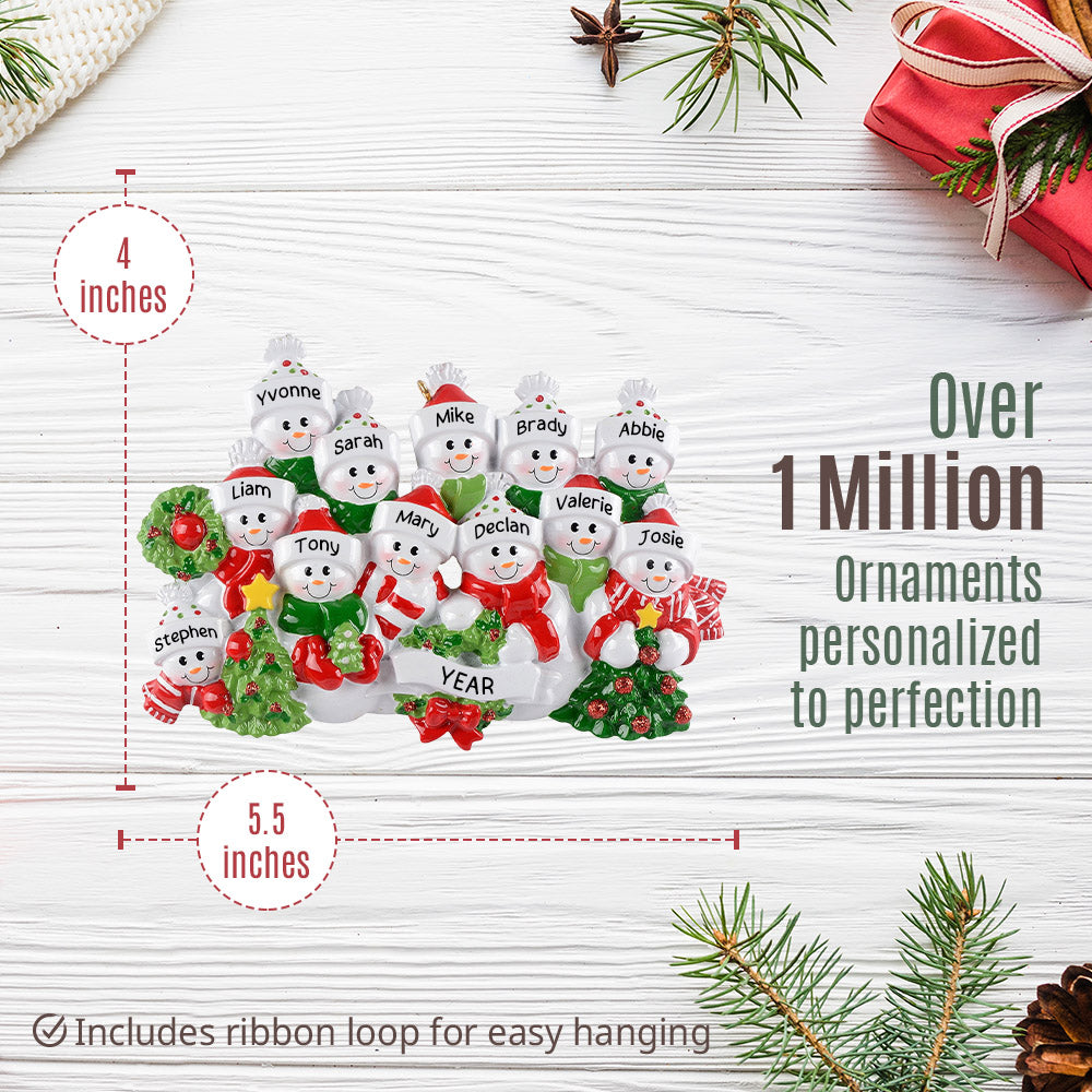 Personalized Snowman Family of 12 Christmas Ornament