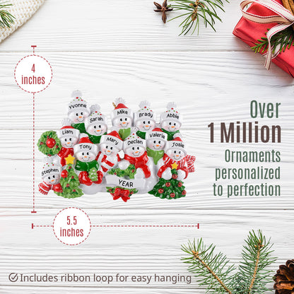 Personalized Snowman Family of 12 Christmas Ornament