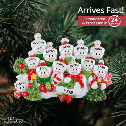 Personalized Snowman Family of 12 Christmas Ornament