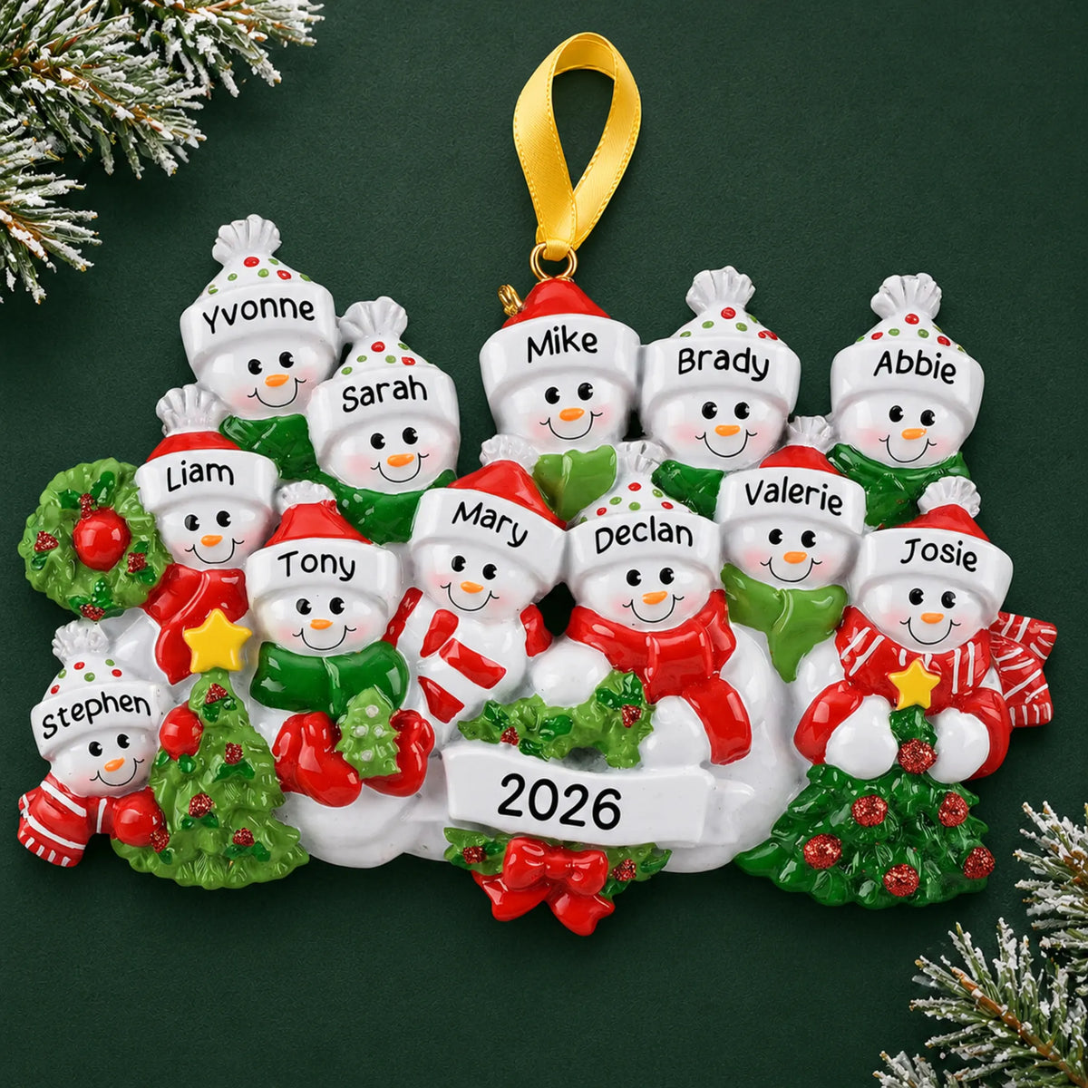 Personalized snowman family of 12 christmas ornament on a dark green pine background