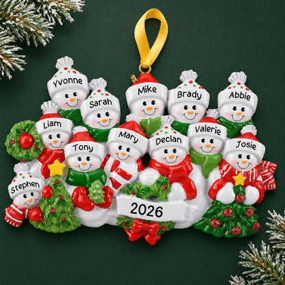 Personalized snowman family of 12 christmas ornament on a dark green pine background