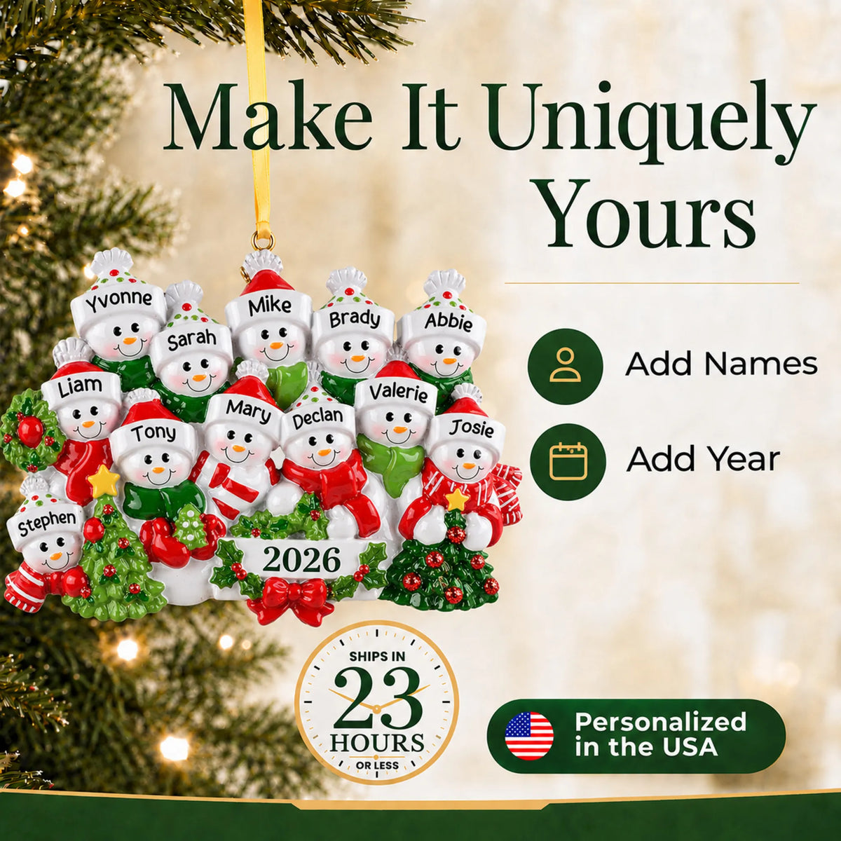 Make it yours: add names and year to the personalized snowman family of 12 christmas ornament