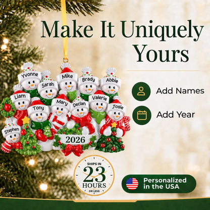 Make it yours: add names and year to the personalized snowman family of 12 christmas ornament