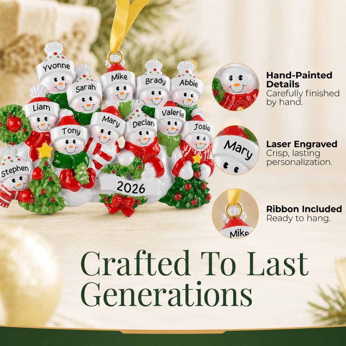 Hand-painted details and laser engraved personalization on the snowman family of 12 christmas ornament, ribbon included