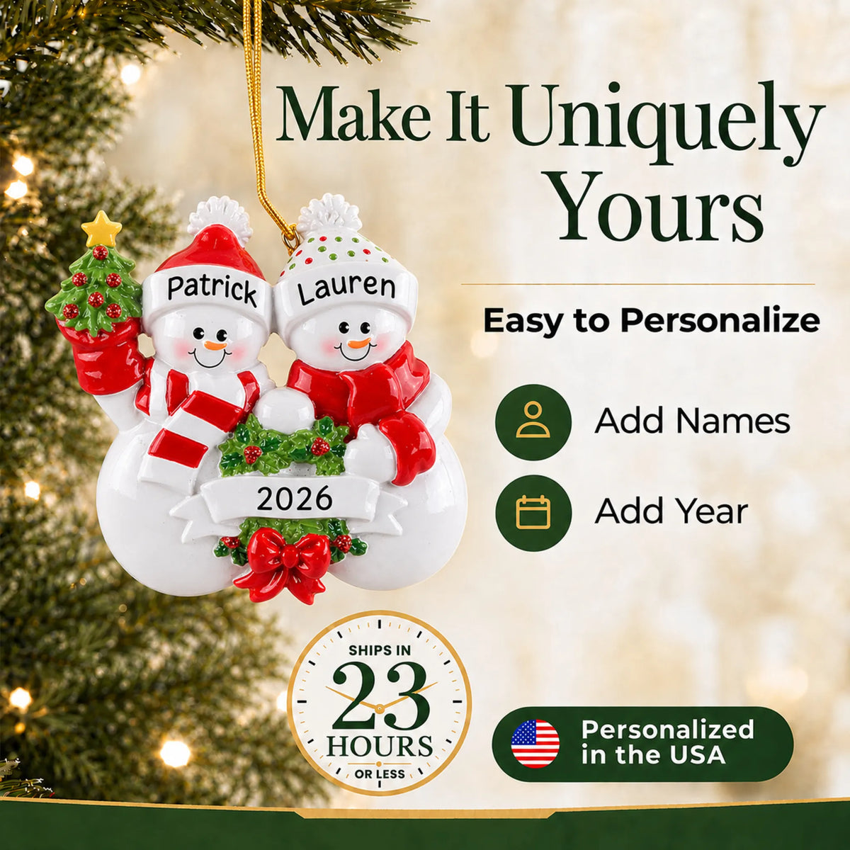 Make it yours: add names to the personalized snowman couple christmas ornament