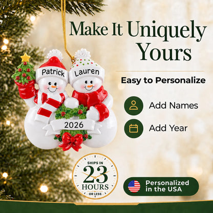 Make it yours: add names to the personalized snowman couple christmas ornament