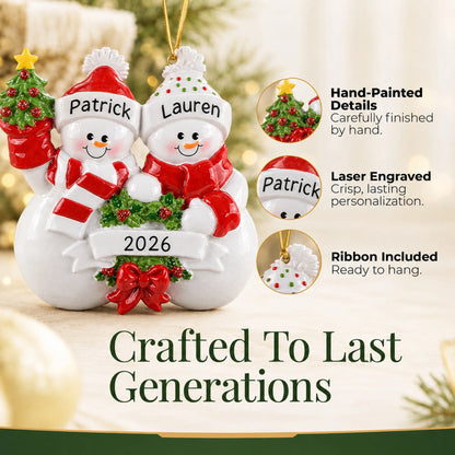 Hand-painted details and laser engraved personalization on the snowman couple christmas ornament, ribbon included