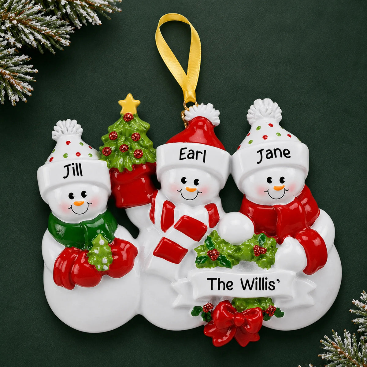 Personalized snowman family of 3 christmas ornament on a dark green pine background