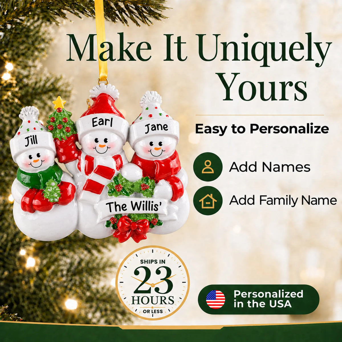 Make it yours: add names and year to the personalized snowman family of 3 christmas ornament