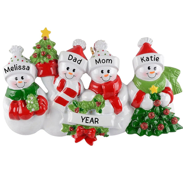 Personalized family of four snowman Christmas ornament with festive winter accessories, customizable with names and year.