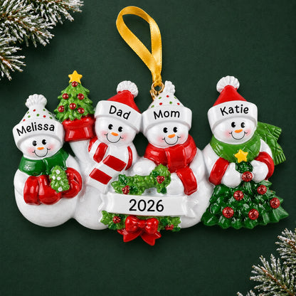 Personalized snowman family of 4 christmas ornament, four snowmen with names and 2026 on a tree