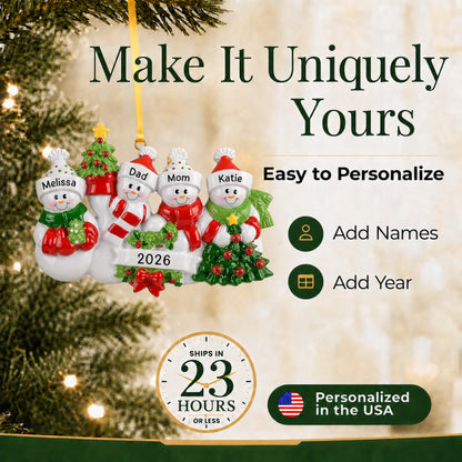 Snowman family of 4 personalized christmas ornament, make it uniquely yours with names and year