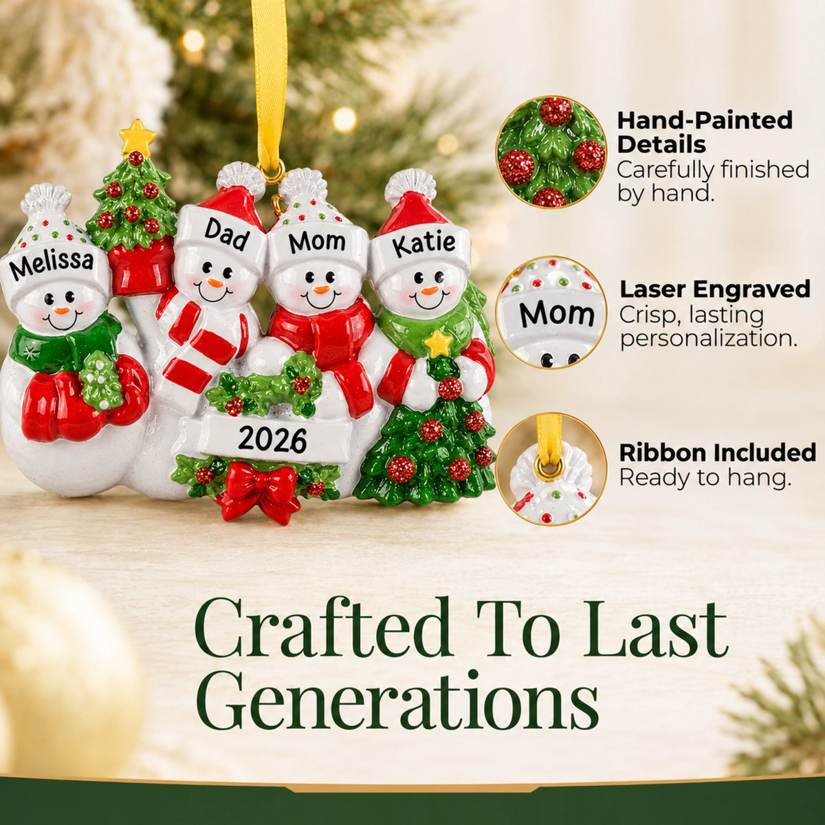 Snowman family of 4 personalized christmas ornament, hand-painted and laser-engraved to last generations