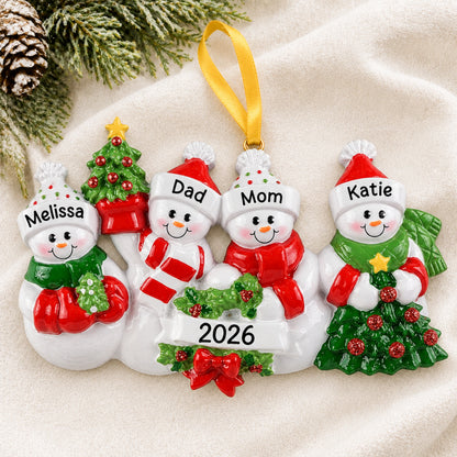 Personalized snowman family of 4 christmas ornament with four names on a soft blanket