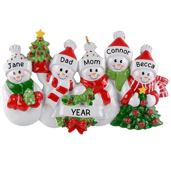 Personalized Christmas ornament featuring five snowman figures in winter gear, holding a central blank white banner ready for custom name engraving.