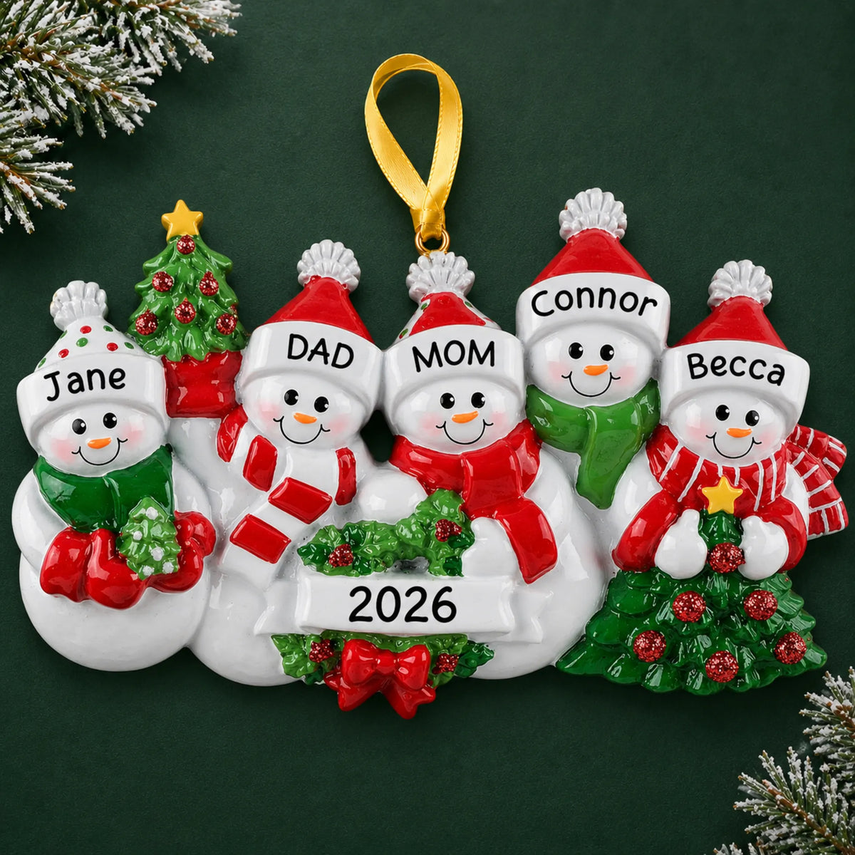 Personalized snowman family of 5 christmas ornament on a dark green pine background