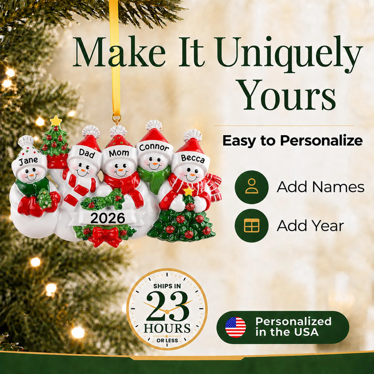 Make it yours: add names and year to the personalized snowman family of 5 christmas ornament