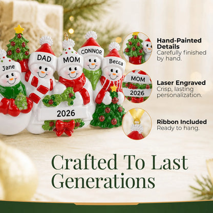 Hand-painted details and laser engraved personalization on the snowman family of 5 christmas ornament, ribbon included