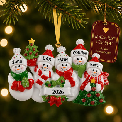 Snowman family of 5 christmas ornament hanging on a lit Christmas tree with a Made Just For You gift tag
