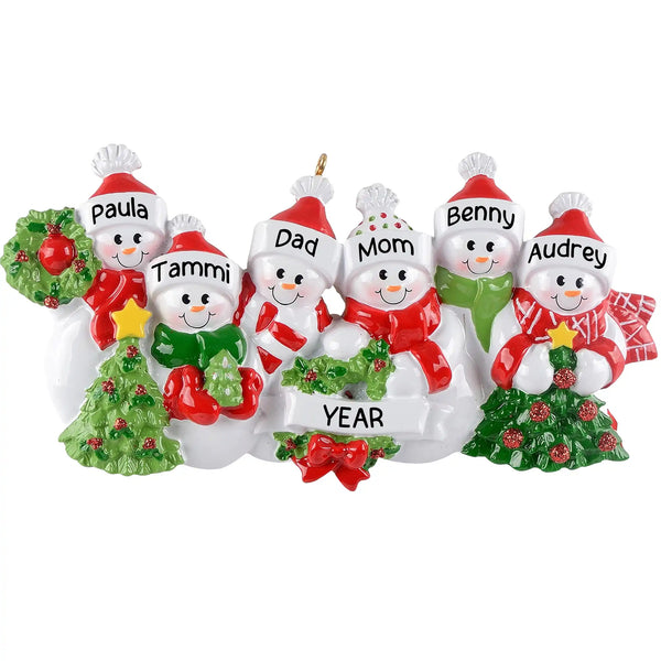 Personalized family of six snowman Christmas ornament with festive details, customizable with names and year.