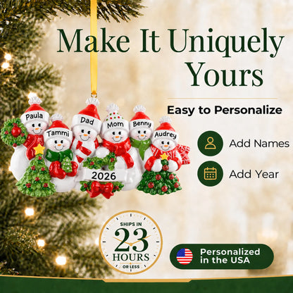 Make it yours: add names and year to the personalized snowman family of 6 christmas ornament