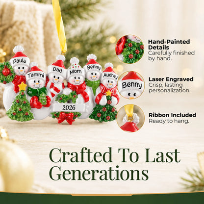 Hand-painted details and laser engraved personalization on the snowman family of 6 christmas ornament, ribbon included