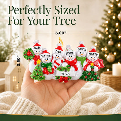 Size guide: the personalized snowman family of 6 christmas ornament is 6.00 in wide by 3.50 in tall, shown in hand