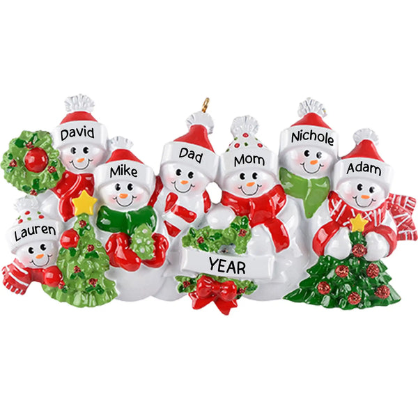 Personalized Christmas ornament featuring seven snowmen figures in red and white hats, holding a central blank white banner ready for custom name engraving.