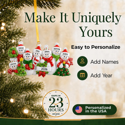 Make it yours: add names and year to the personalized snowman family of 7 christmas ornament