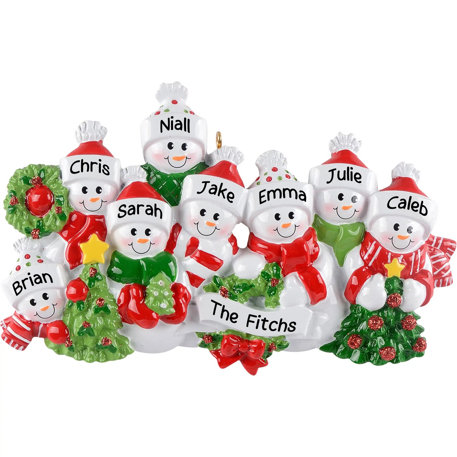 Personalized Christmas ornament featuring eight snowman figures in winter gear, holding a central blank white banner ready for custom name engraving.