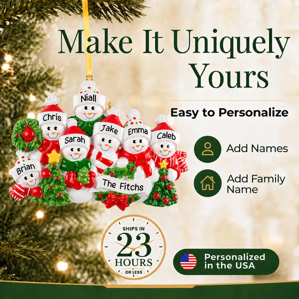Make it yours: add names and year to the personalized snowman family of 8 christmas ornament