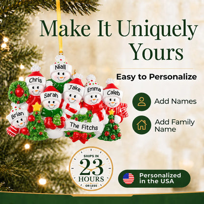 Make it yours: add names and year to the personalized snowman family of 8 christmas ornament