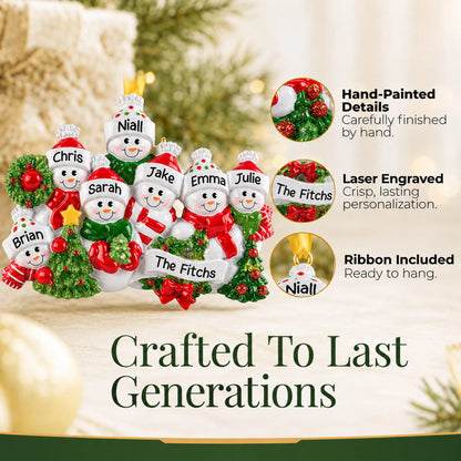 Hand-painted details and laser engraved personalization on the snowman family of 8 christmas ornament, ribbon included