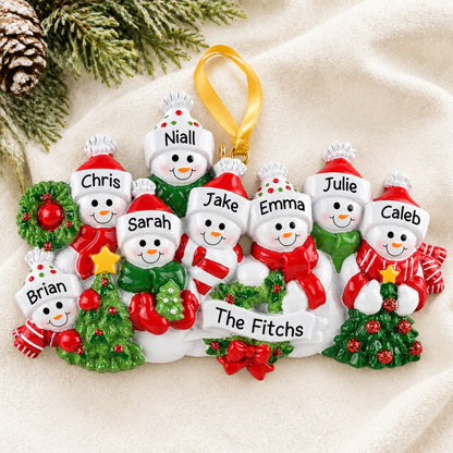 Personalized snowman family of 8 christmas ornament laid on a soft white knit blanket
