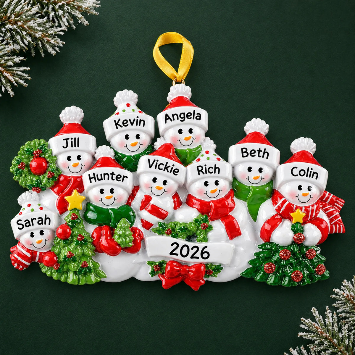Personalized snowman family of 9 christmas ornament on a dark green pine background