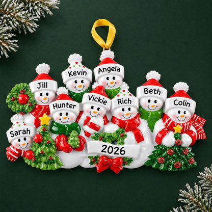 Personalized snowman family of 9 christmas ornament on a dark green pine background