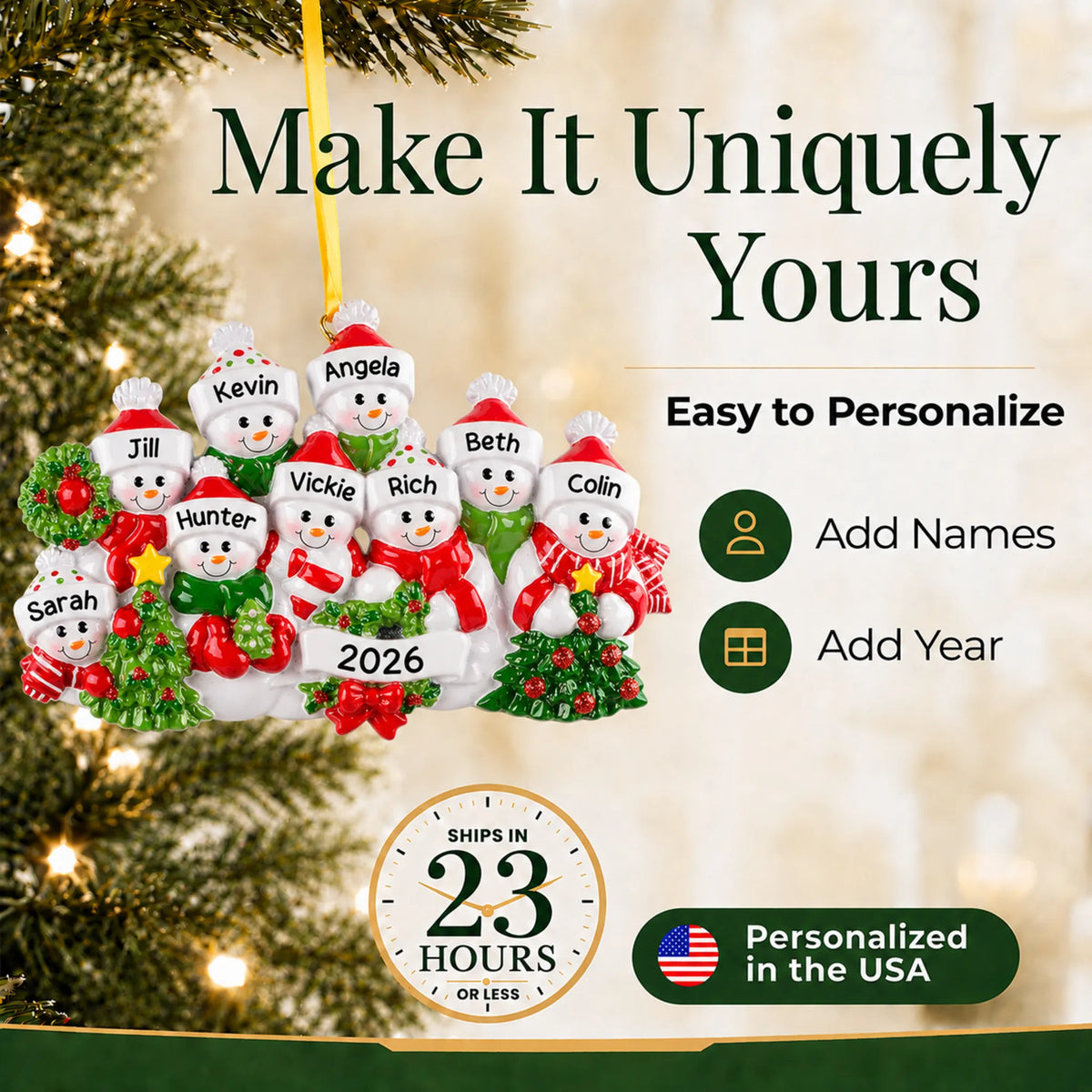 Make it yours: add names and year to the personalized snowman family of 9 christmas ornament