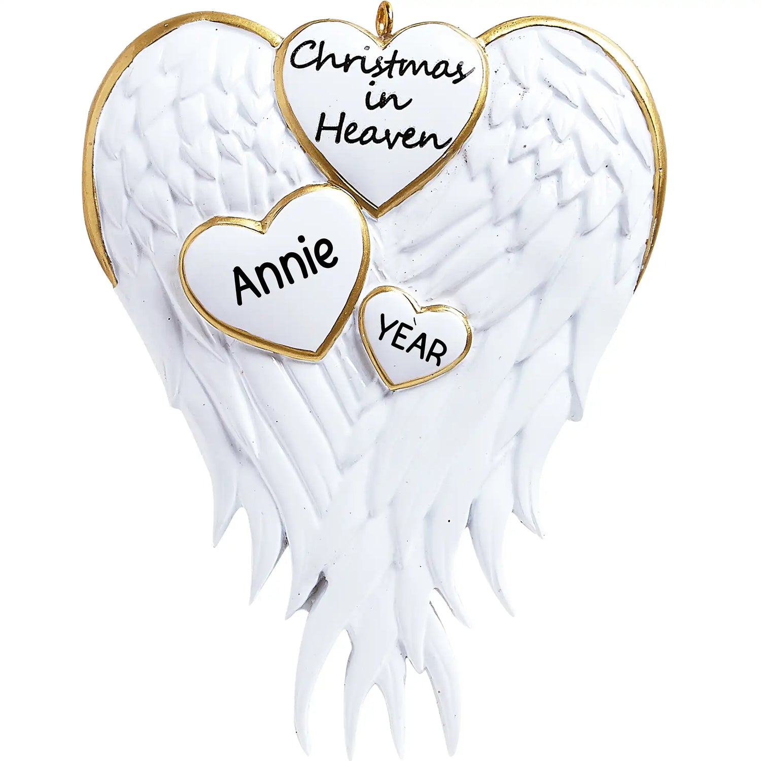 Personalized Christmas in Heaven memorial ornament with white angel wings, gold trim and three hearts, customizable with name and year