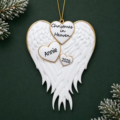 Personalized Christmas In Heaven Memorial christmas ornament on a dark green pine background