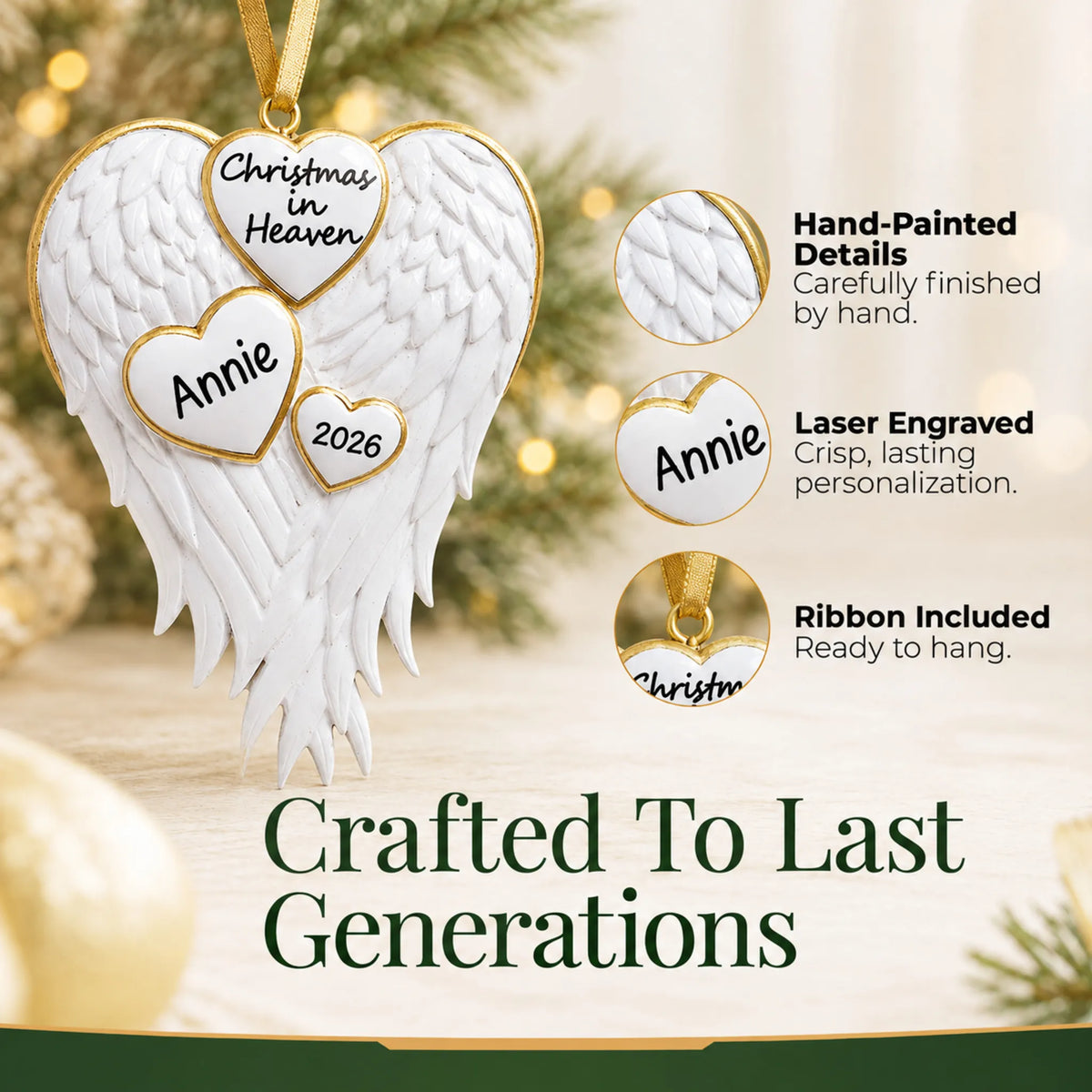 Hand-painted, laser engraved Christmas In Heaven Memorial christmas ornament, ribbon included