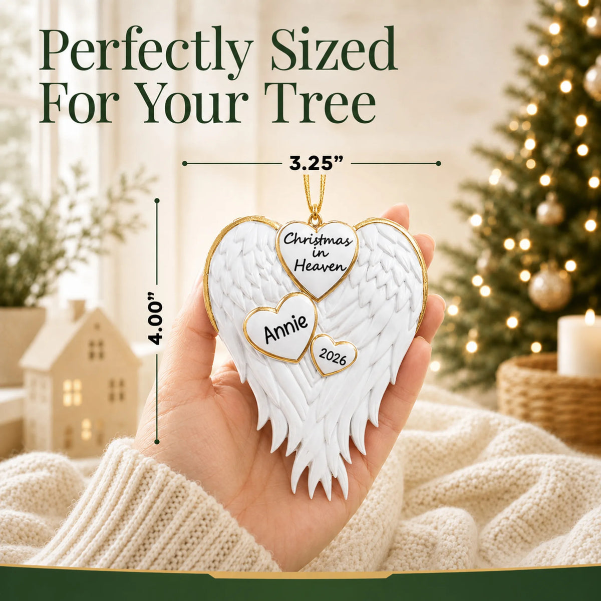 Size guide: the personalized Christmas In Heaven Memorial christmas ornament shown in hand next to a Christmas tree