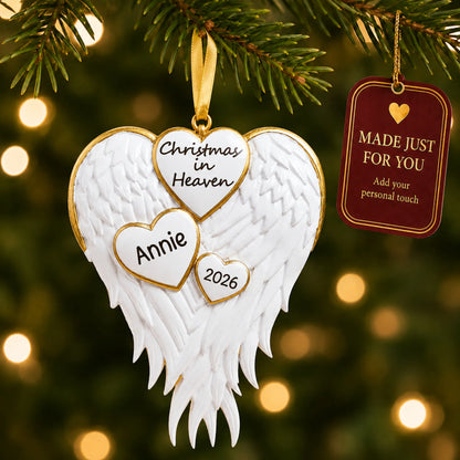 Christmas In Heaven Memorial christmas ornament hanging on a lit Christmas tree with a Made Just For You gift tag