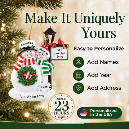 Make it yours: add names to the personalized snowman couple lamppost christmas ornament