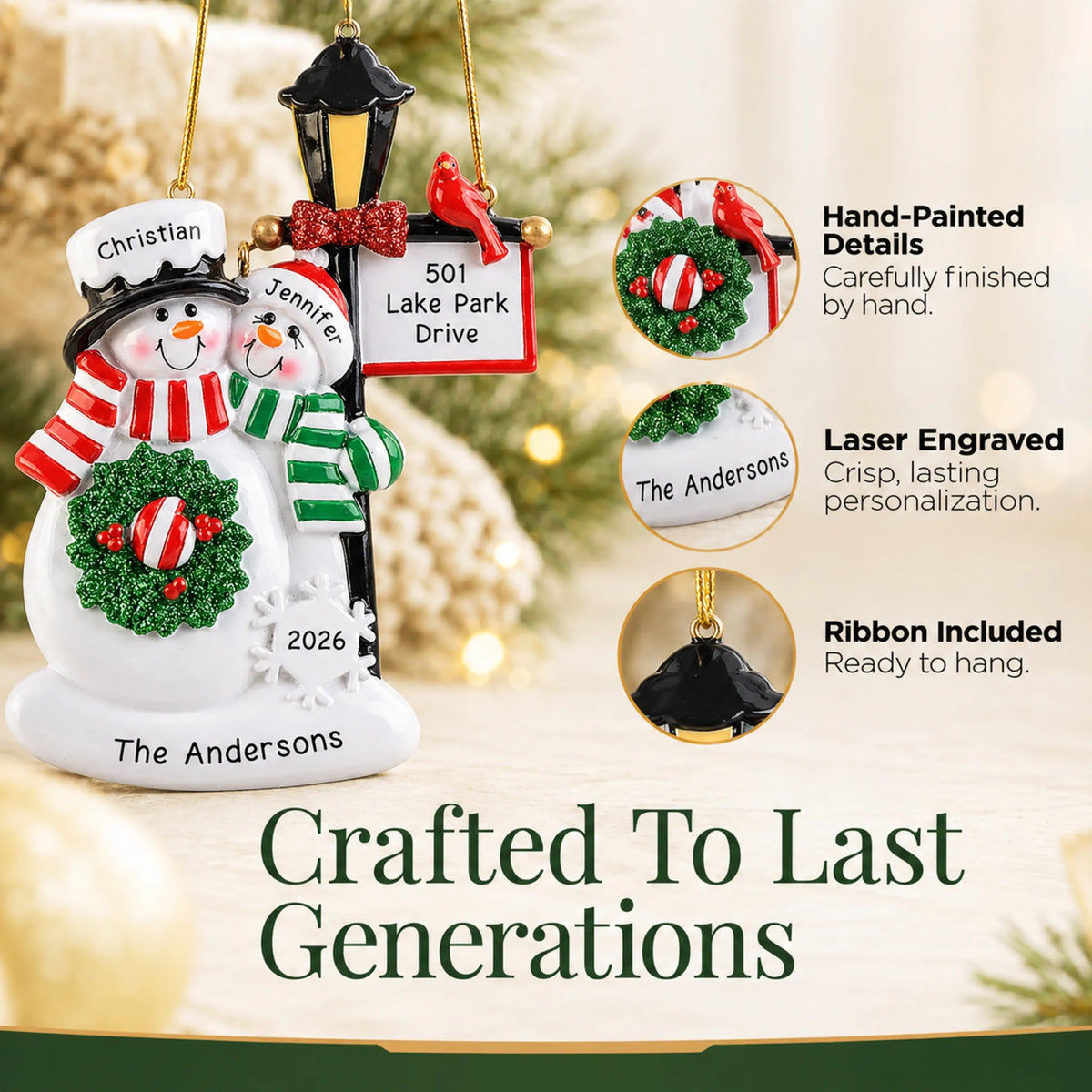 Hand-painted details and laser engraved personalization on the snowman couple lamppost christmas ornament, ribbon included