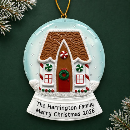 Personalized Gingerbread House Snow Globe christmas ornament on a dark green pine background