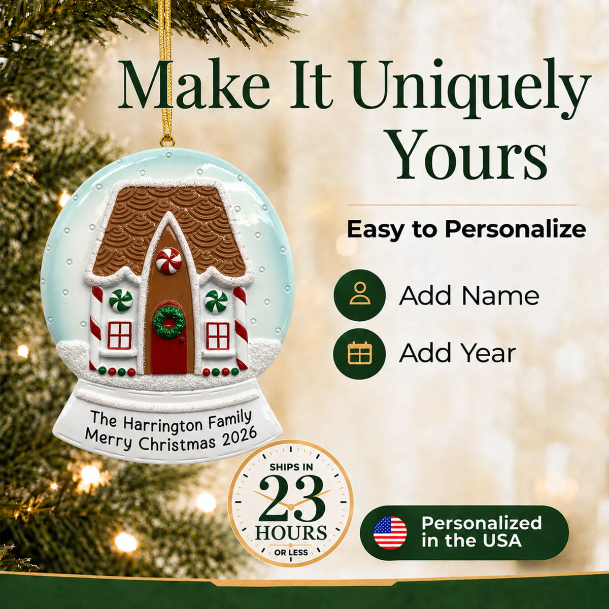 Make it yours: personalize the Gingerbread House Snow Globe christmas ornament with a name and the year