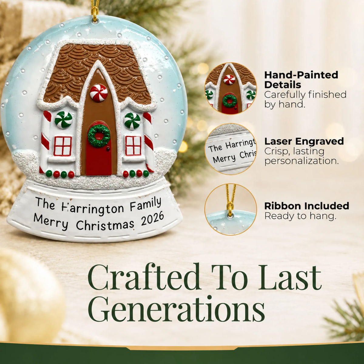 Hand-painted, laser engraved Gingerbread House Snow Globe christmas ornament, ribbon included